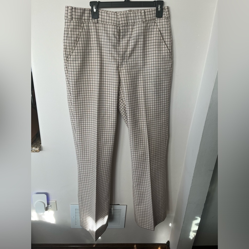 Vintage plaid men’s trousers 70’s retro cream brown 36x33 flare leg flat front
